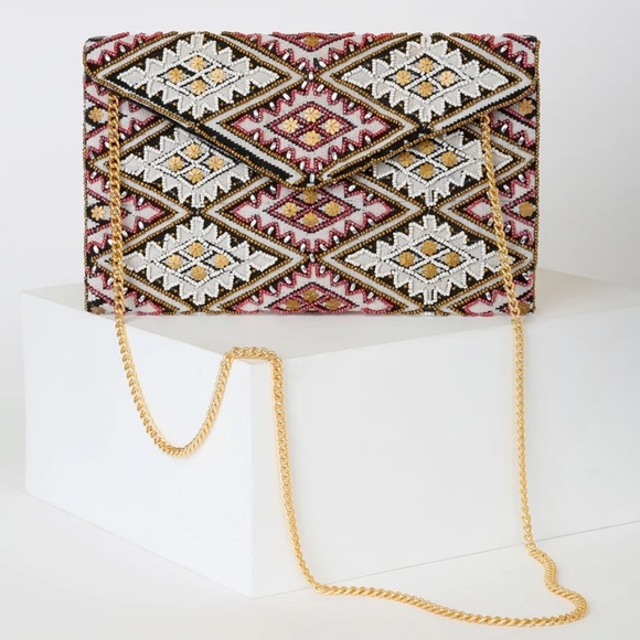 Lulus Handbags - Lulu’s evening clutch purse beaded gold chain snap closure lined cotton interior